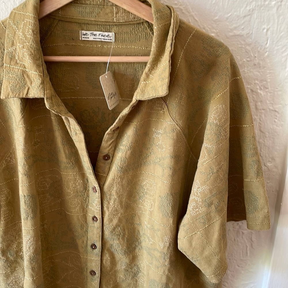 Free People Olive Green Oversized Shirt Dress Gold Embroidery Tunic M NWT